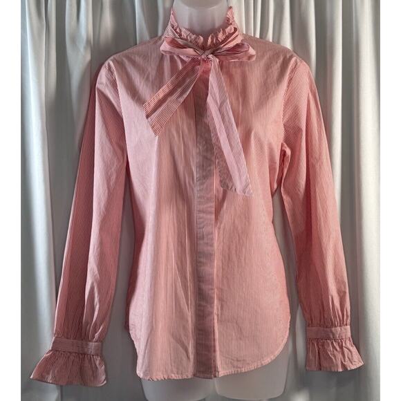 Ann Taylor Striped Tie Neck Blouse Cotton Red White S Chic whimsical 80-00 - Picture 1 of 15